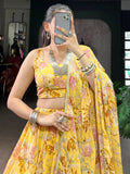 Glamorous Yellow Floral Printed Chiffon Haldi Wear Lehenga Choli With Dupatta
