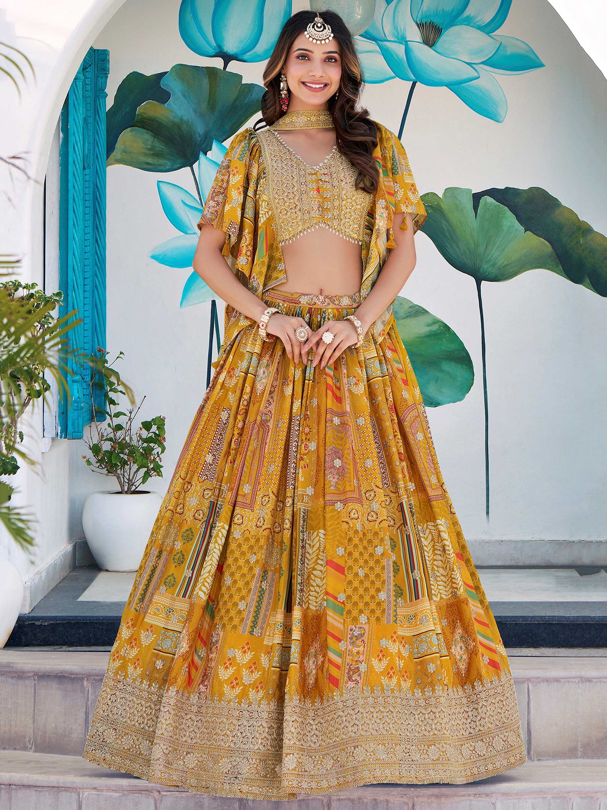 Glamorous Yellow Printed Chinon Haldi Wear Lehenga Choli With Dupatta - Zeel Clothing