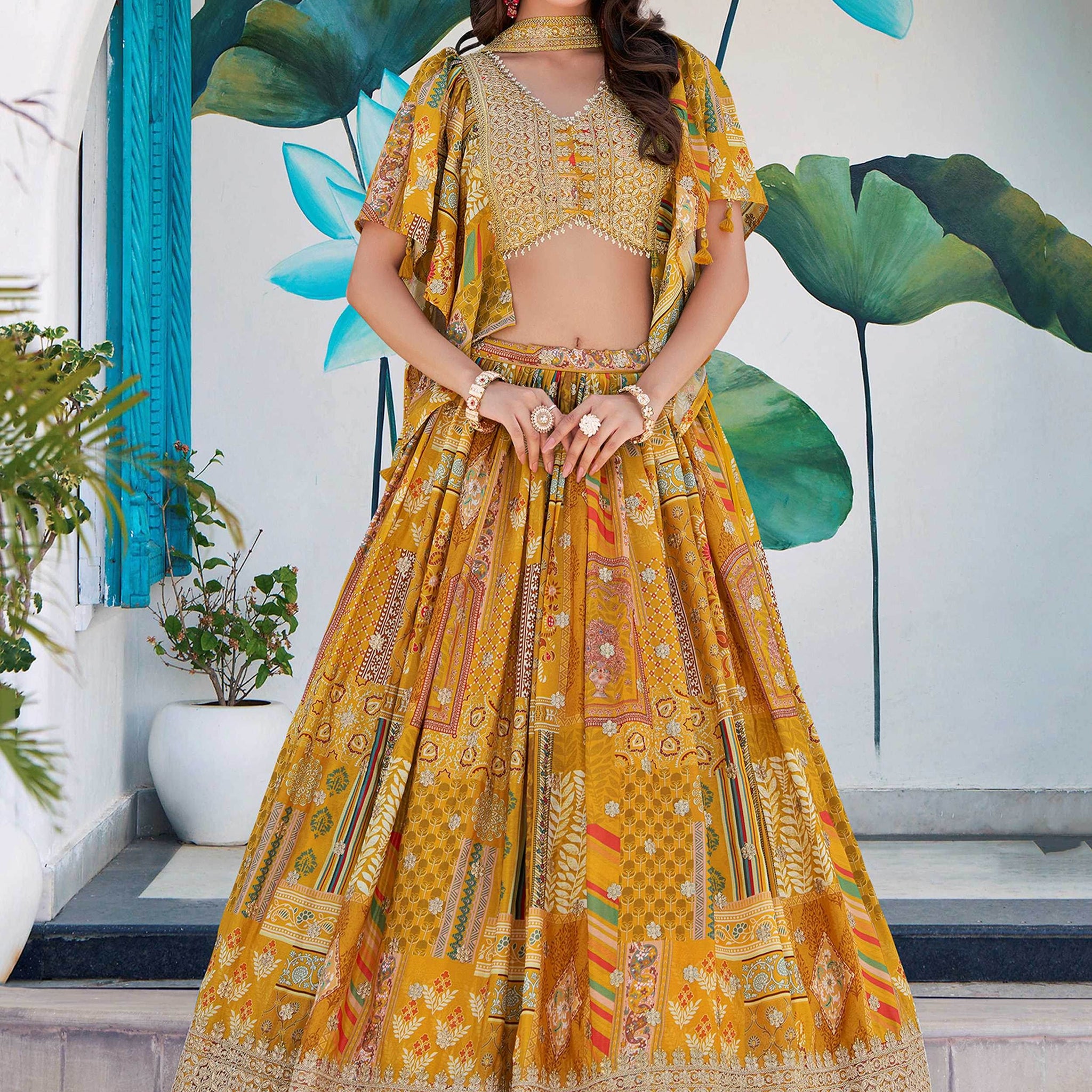 Glamorous Yellow Printed Chinon Haldi Wear Lehenga Choli With Dupatta - Zeel Clothing