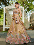 Glamourous Beige Tissue Thread Embroidered Lehenga Choli With Dupatta - Zeel Clothing