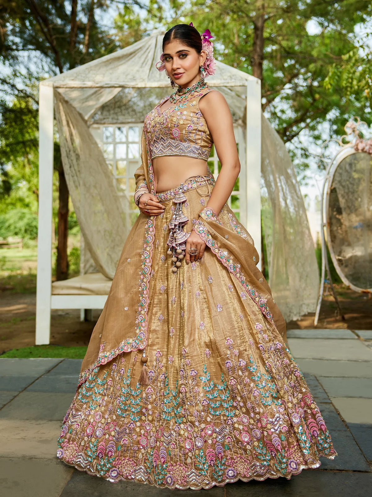 Glamourous Beige Tissue Thread Embroidered Lehenga Choli With Dupatta - Zeel Clothing