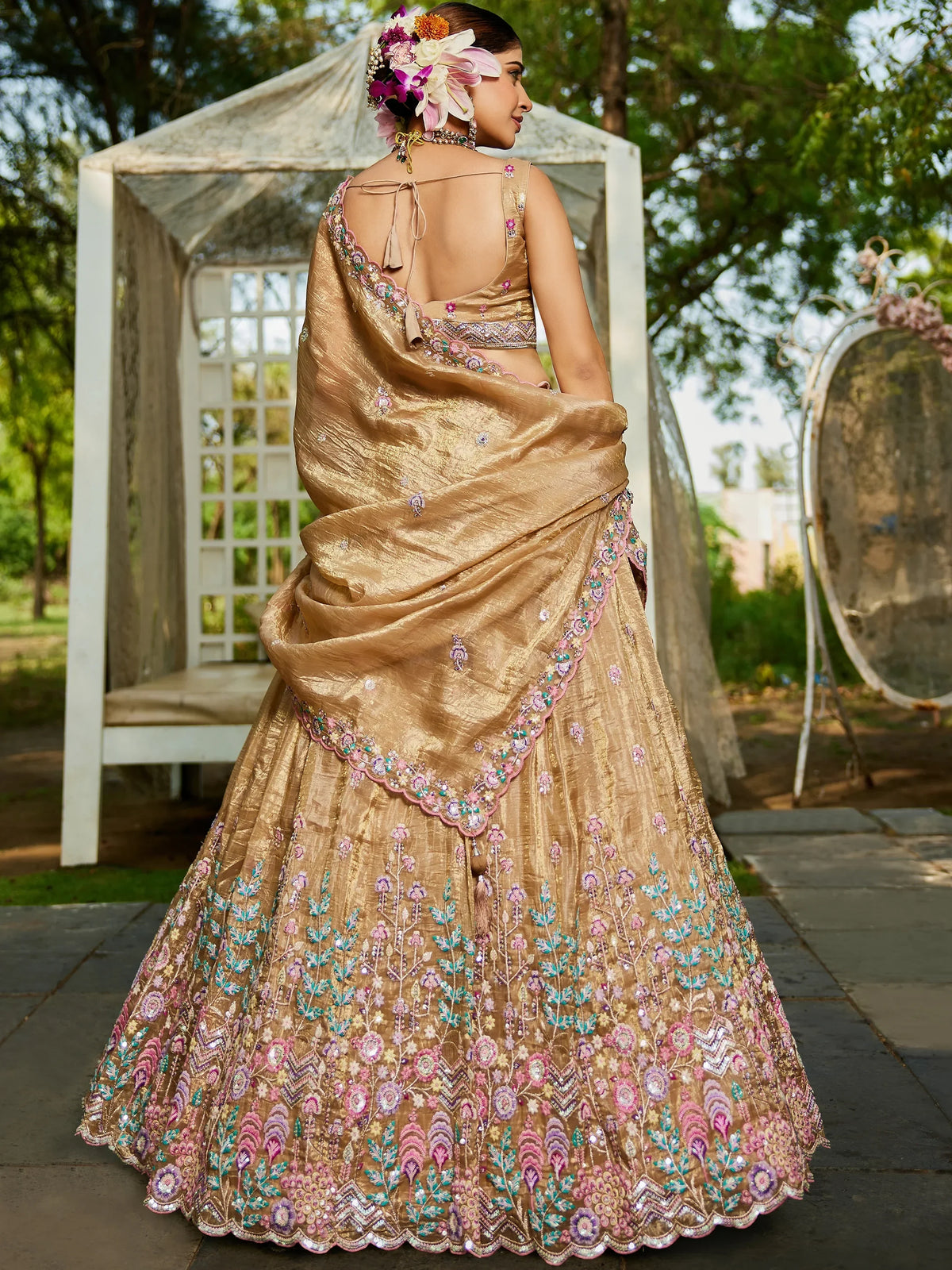 Glamourous Beige Tissue Thread Embroidered Lehenga Choli With Dupatta - Zeel Clothing