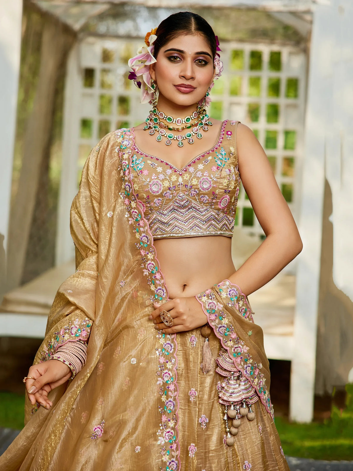 Glamourous Beige Tissue Thread Embroidered Lehenga Choli With Dupatta - Zeel Clothing