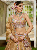 Glamourous Beige Tissue Thread Embroidered Lehenga Choli With Dupatta - Zeel Clothing