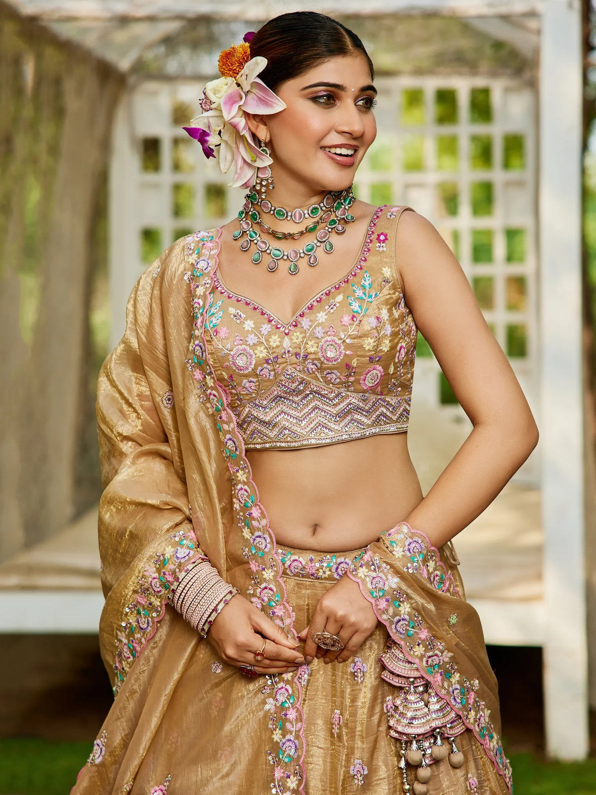 Glamourous Beige Tissue Thread Embroidered Lehenga Choli With Dupatta - Zeel Clothing