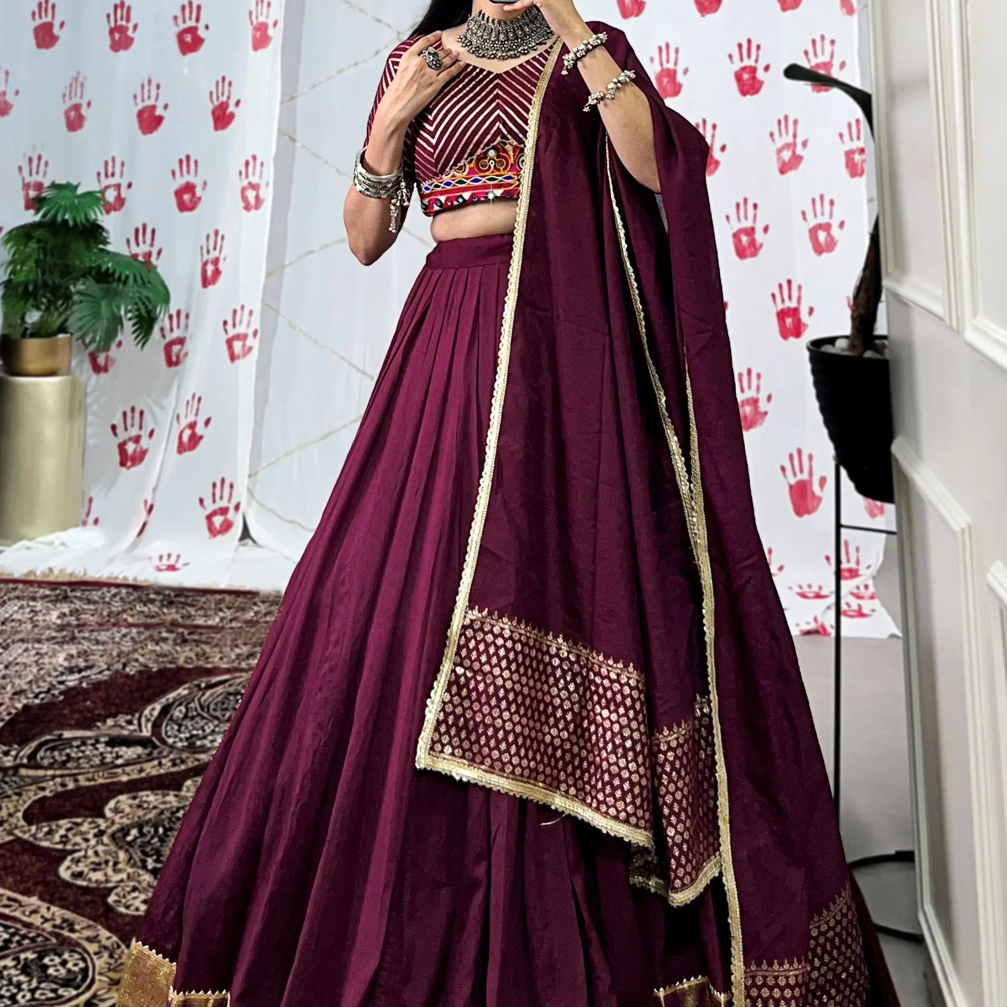 Glamourous Wine Zari Weaving Border Chanderi Silk Lehenga Choli - Zeel Clothing