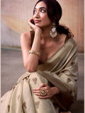 Gleaming Beige Zari Weaving Cotton Casual Wear Saree With Blouse - Zeel Clothing