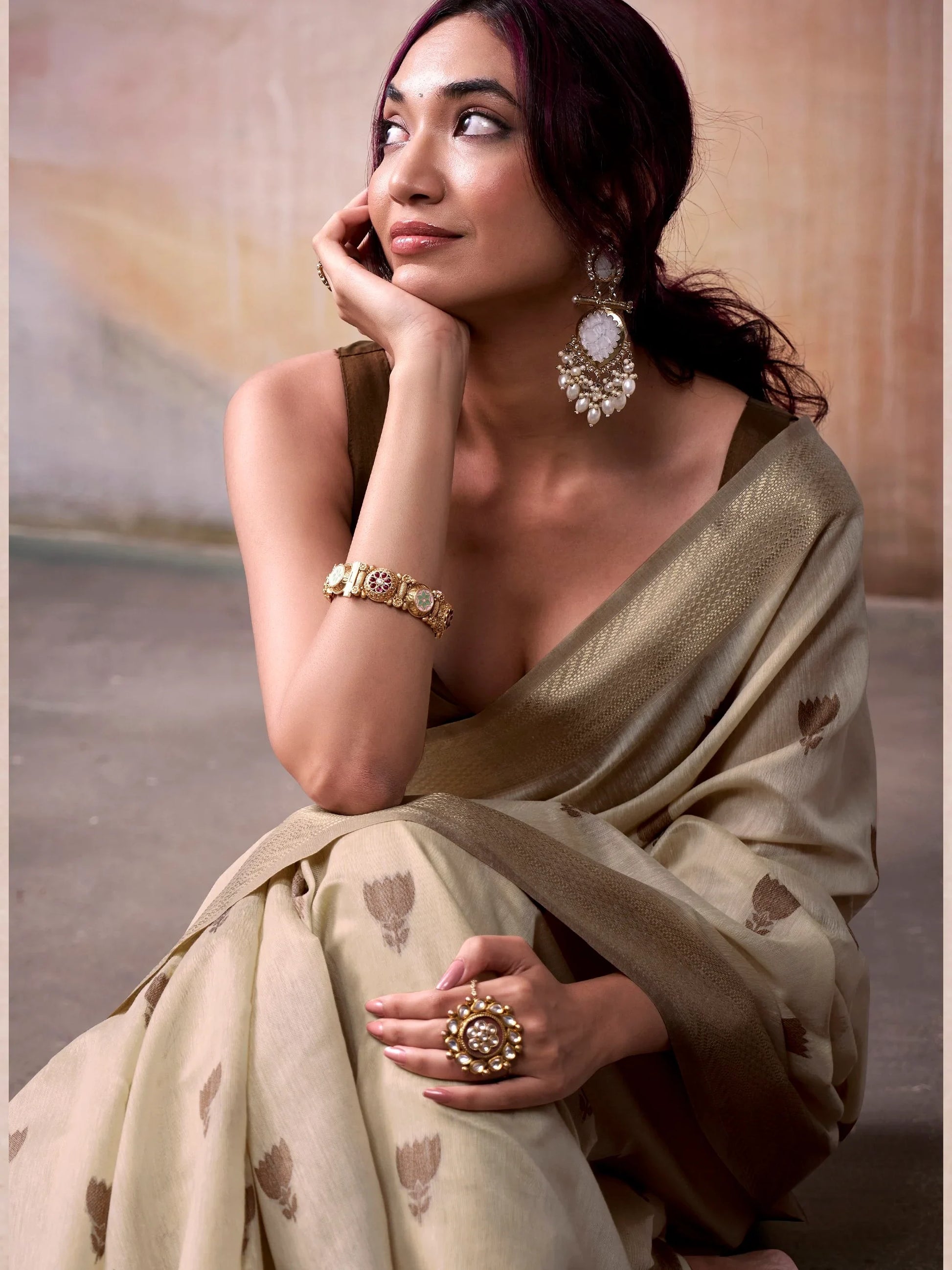 Gleaming Beige Zari Weaving Cotton Casual Wear Saree With Blouse - Zeel Clothing