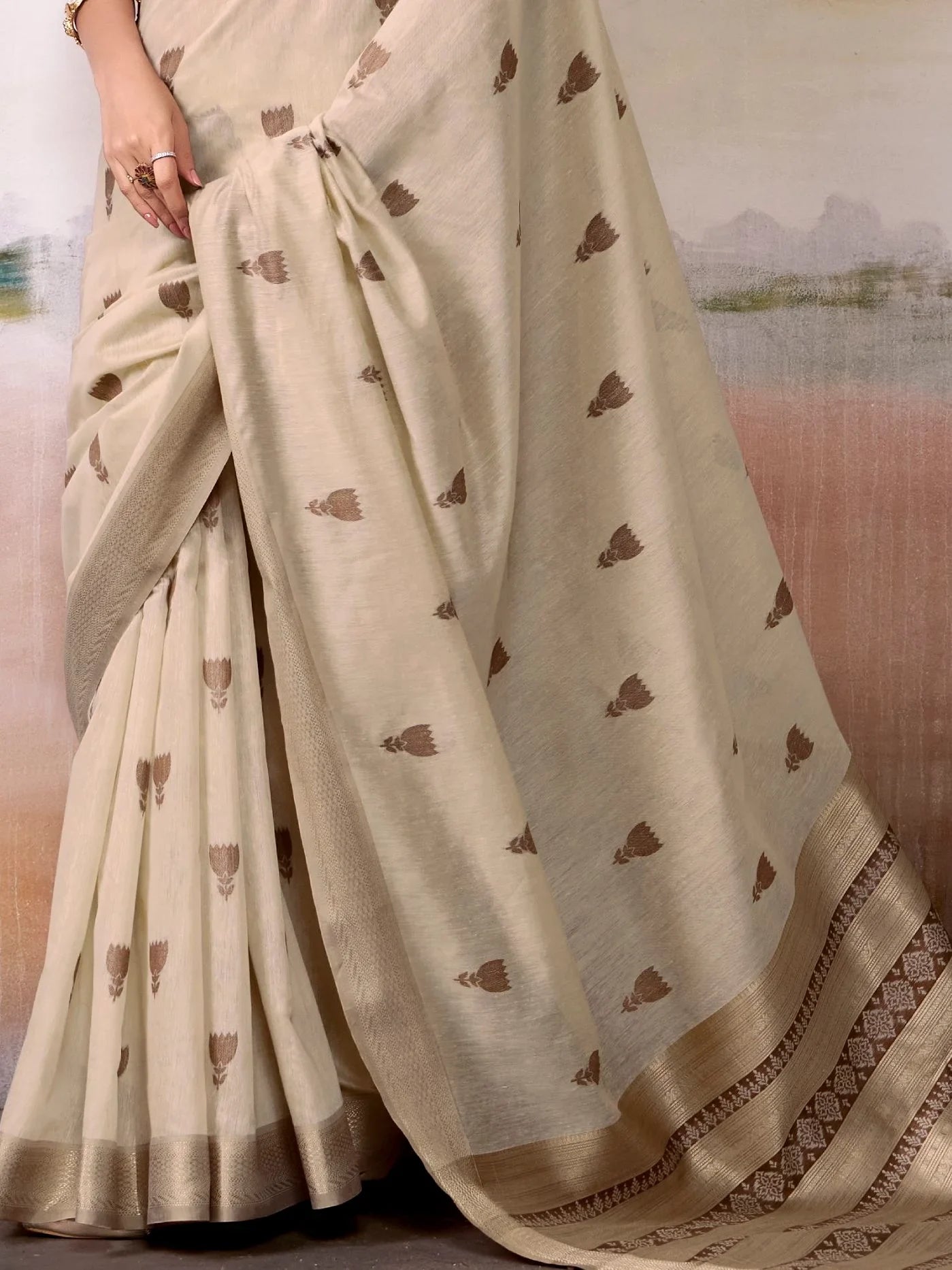 Gleaming Beige Zari Weaving Cotton Casual Wear Saree With Blouse - Zeel Clothing