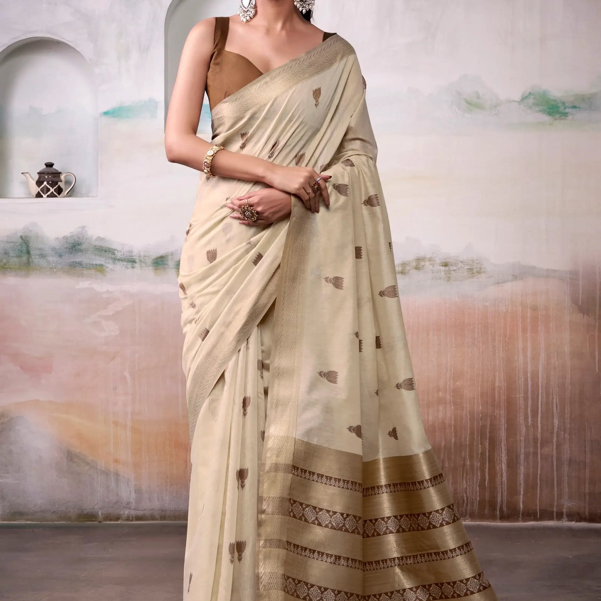 Gleaming Beige Zari Weaving Cotton Casual Wear Saree With Blouse - Zeel Clothing