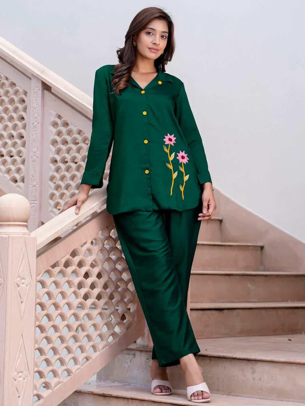 Gleaming Bottle Green Hand Work Silk Festive Wear Top Pant Co-Ord Set - Zeel Clothing