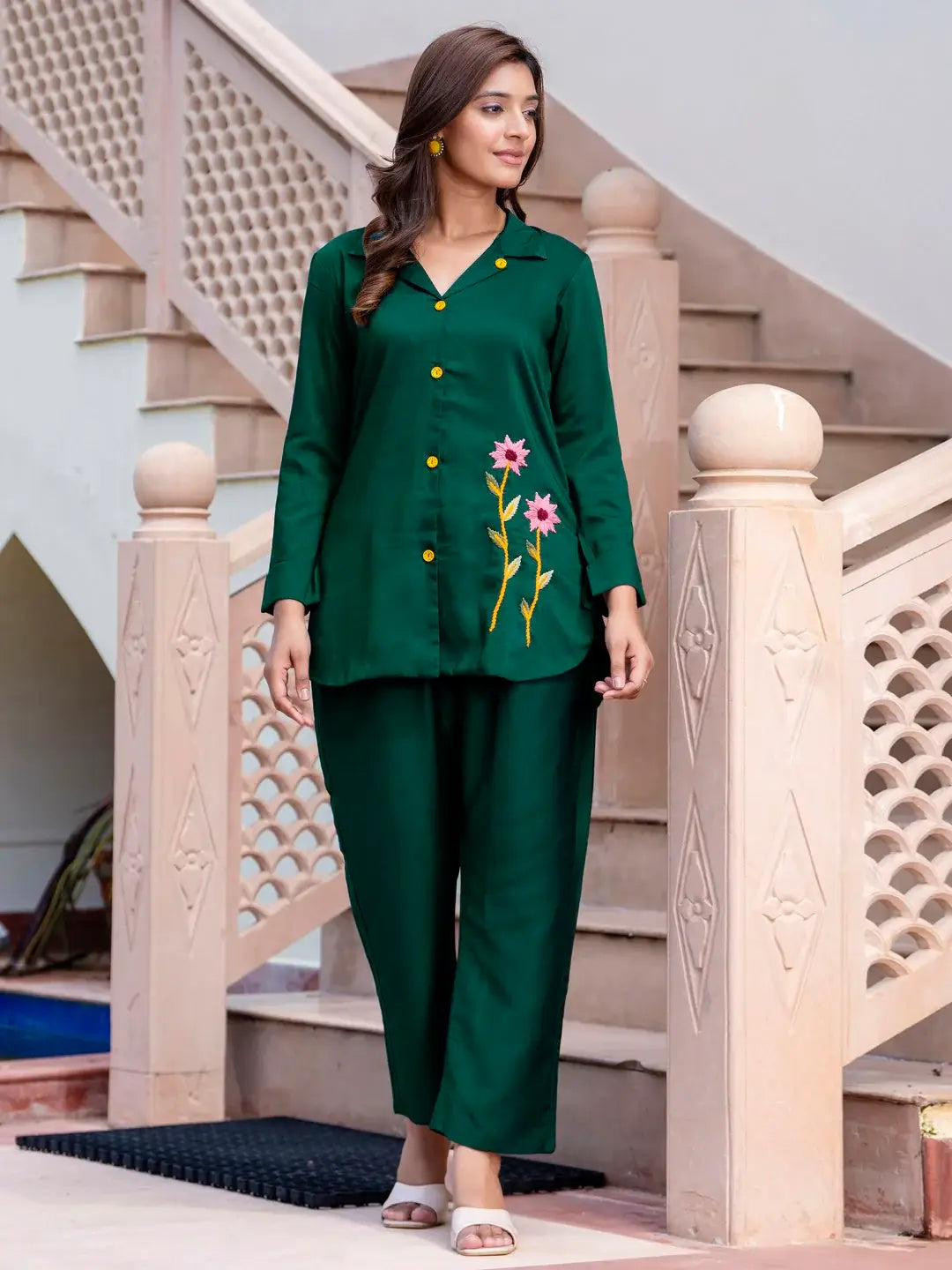 Gleaming Bottle Green Hand Work Silk Festive Wear Top Pant Co-Ord Set - Zeel Clothing