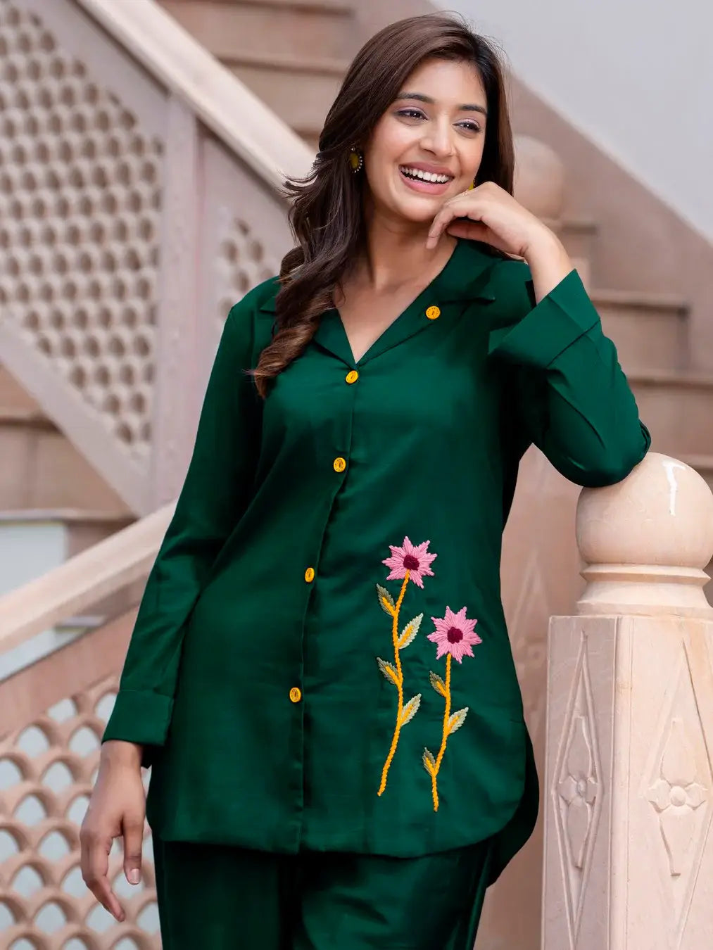 Gleaming Bottle Green Hand Work Silk Festive Wear Top Pant Co-Ord Set - Zeel Clothing