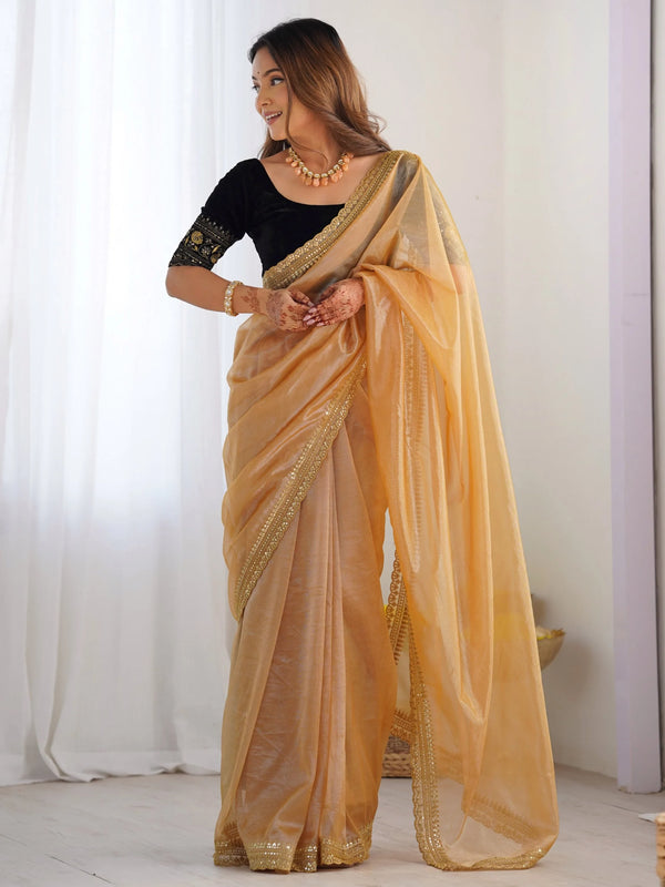 Gleaming Golden Border Work Net Evening Wear Saree With Blouse - Zeel Clothing