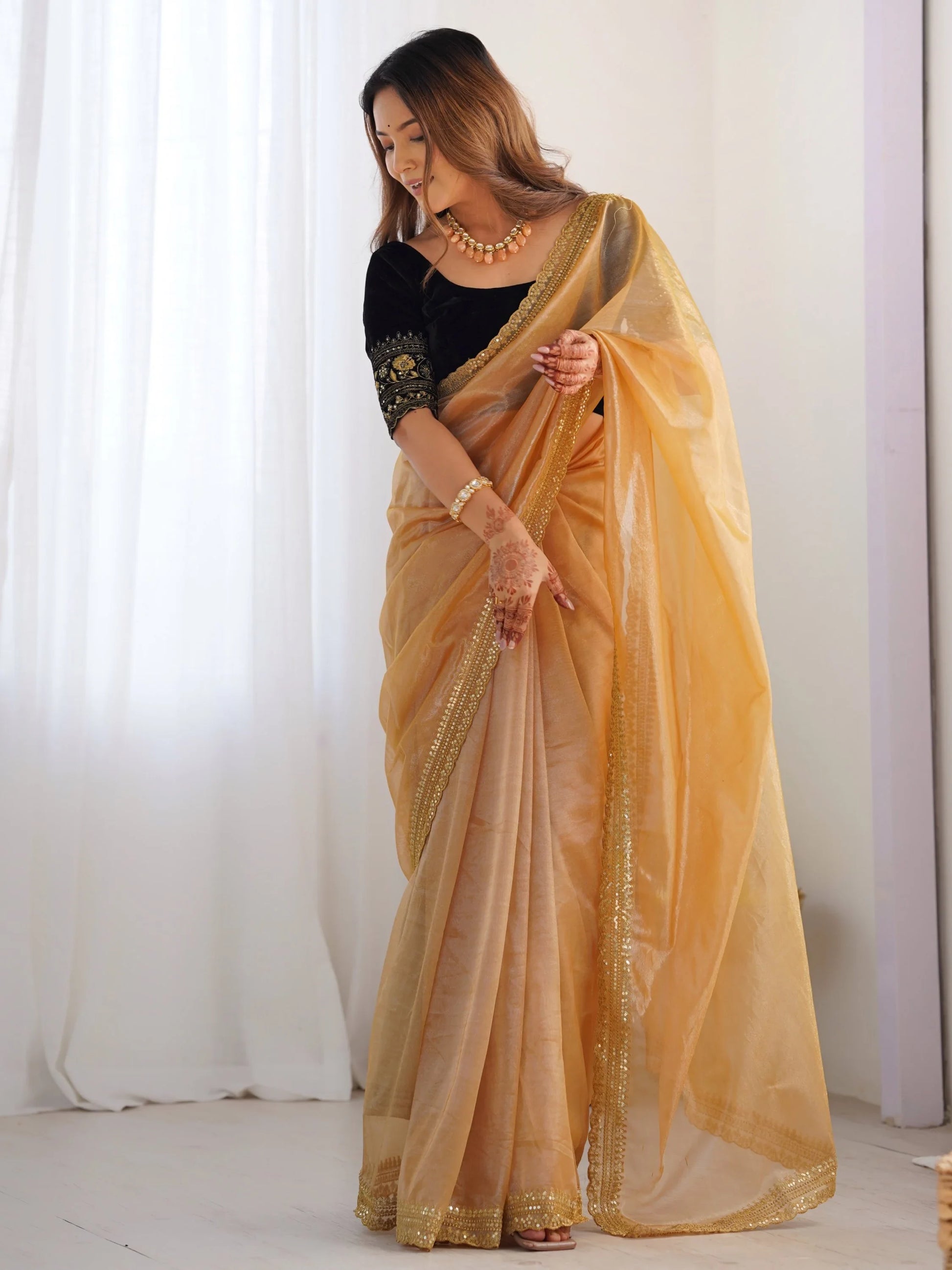 Gleaming Golden Border Work Net Evening Wear Saree With Blouse - Zeel Clothing