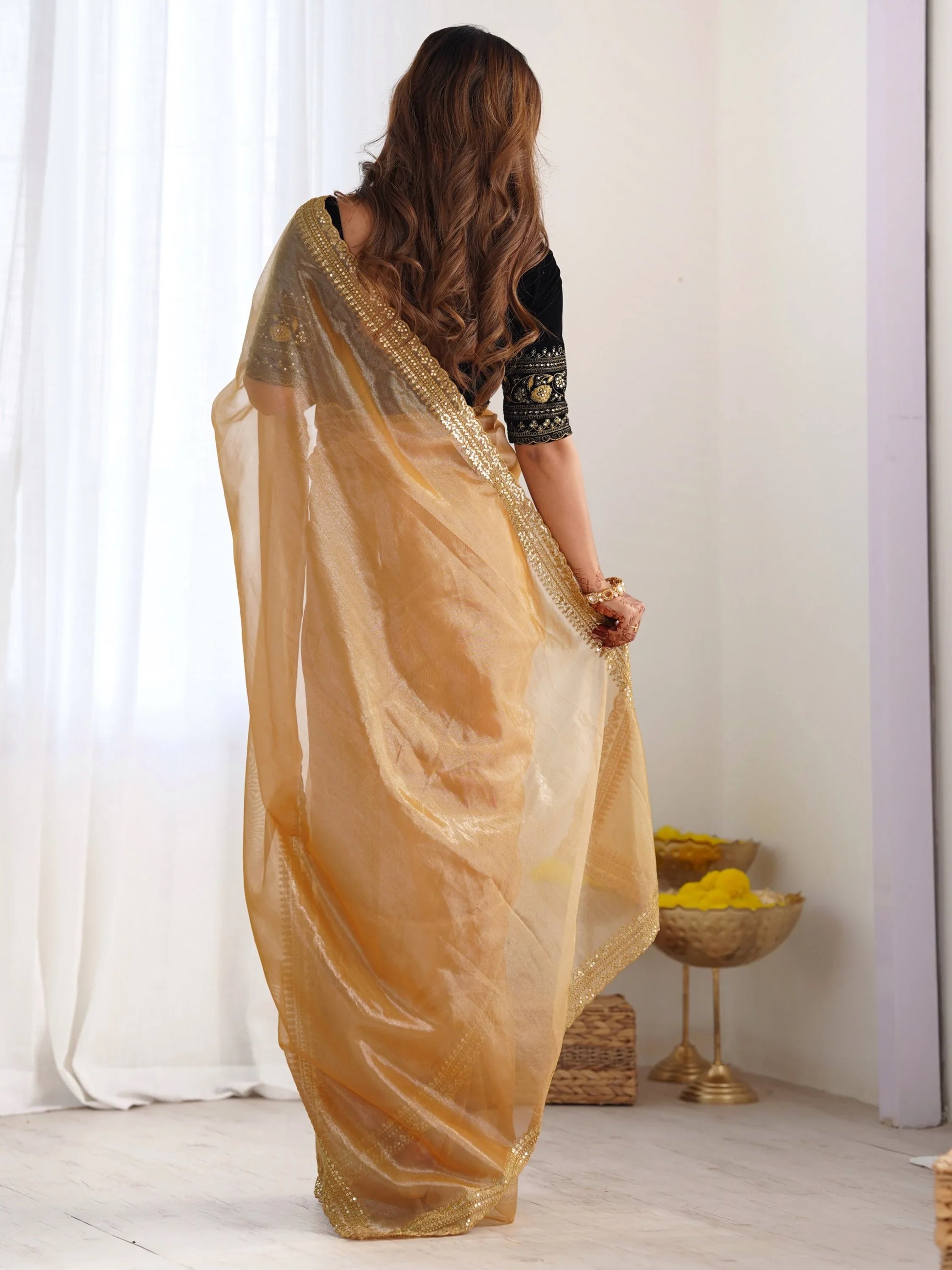 Gleaming Golden Border Work Net Evening Wear Saree With Blouse - Zeel Clothing