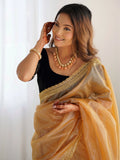 Gleaming Golden Border Work Net Evening Wear Saree With Blouse - Zeel Clothing