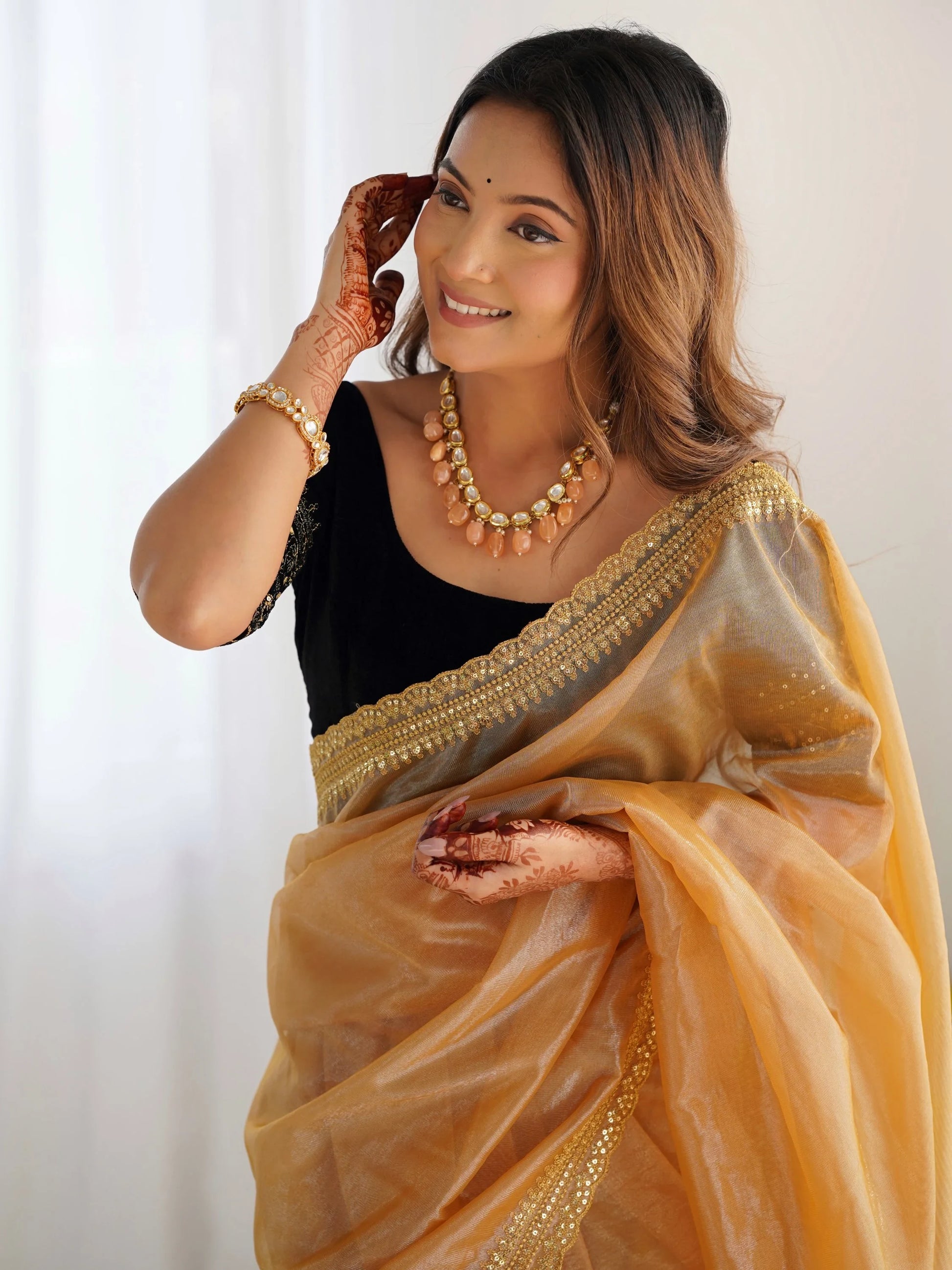 Gleaming Golden Border Work Net Evening Wear Saree With Blouse - Zeel Clothing