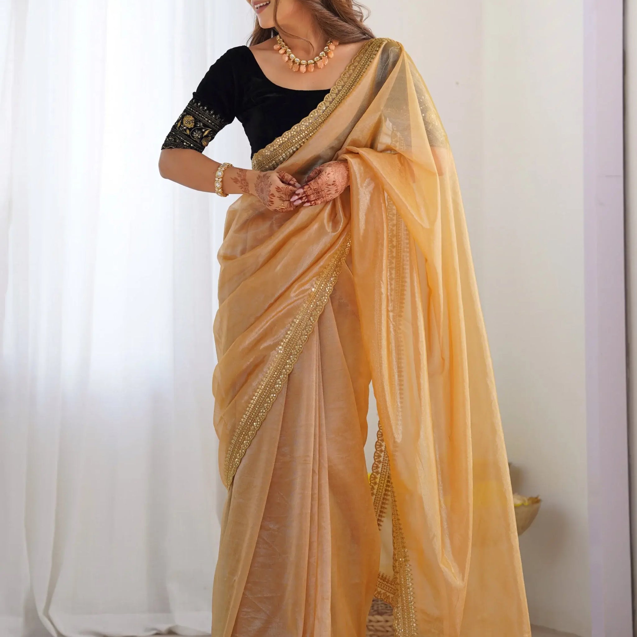 Gleaming Golden Border Work Net Evening Wear Saree With Blouse - Zeel Clothing