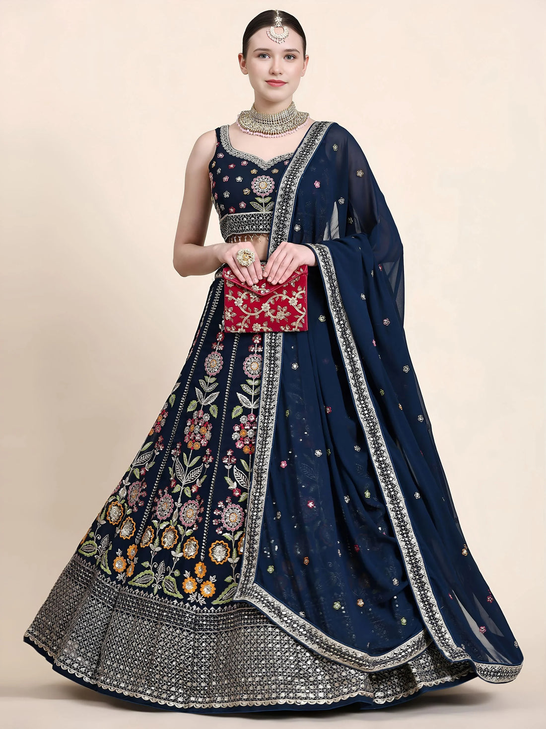 Gleaming Navy Blue Floral Embroidery Georgette Reception Wear Lehenga Choli