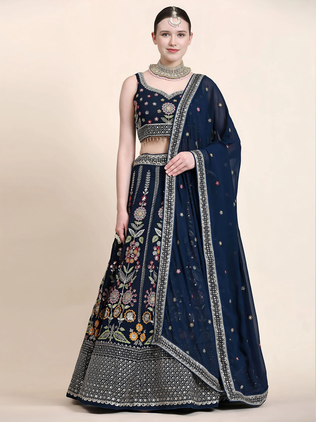 Gleaming Navy Blue Floral Embroidery Georgette Reception Wear Lehenga Choli
