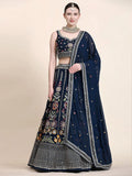 Gleaming Navy Blue Floral Embroidery Georgette Reception Wear Lehenga Choli