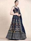 Gleaming Navy Blue Floral Embroidery Georgette Reception Wear Lehenga Choli