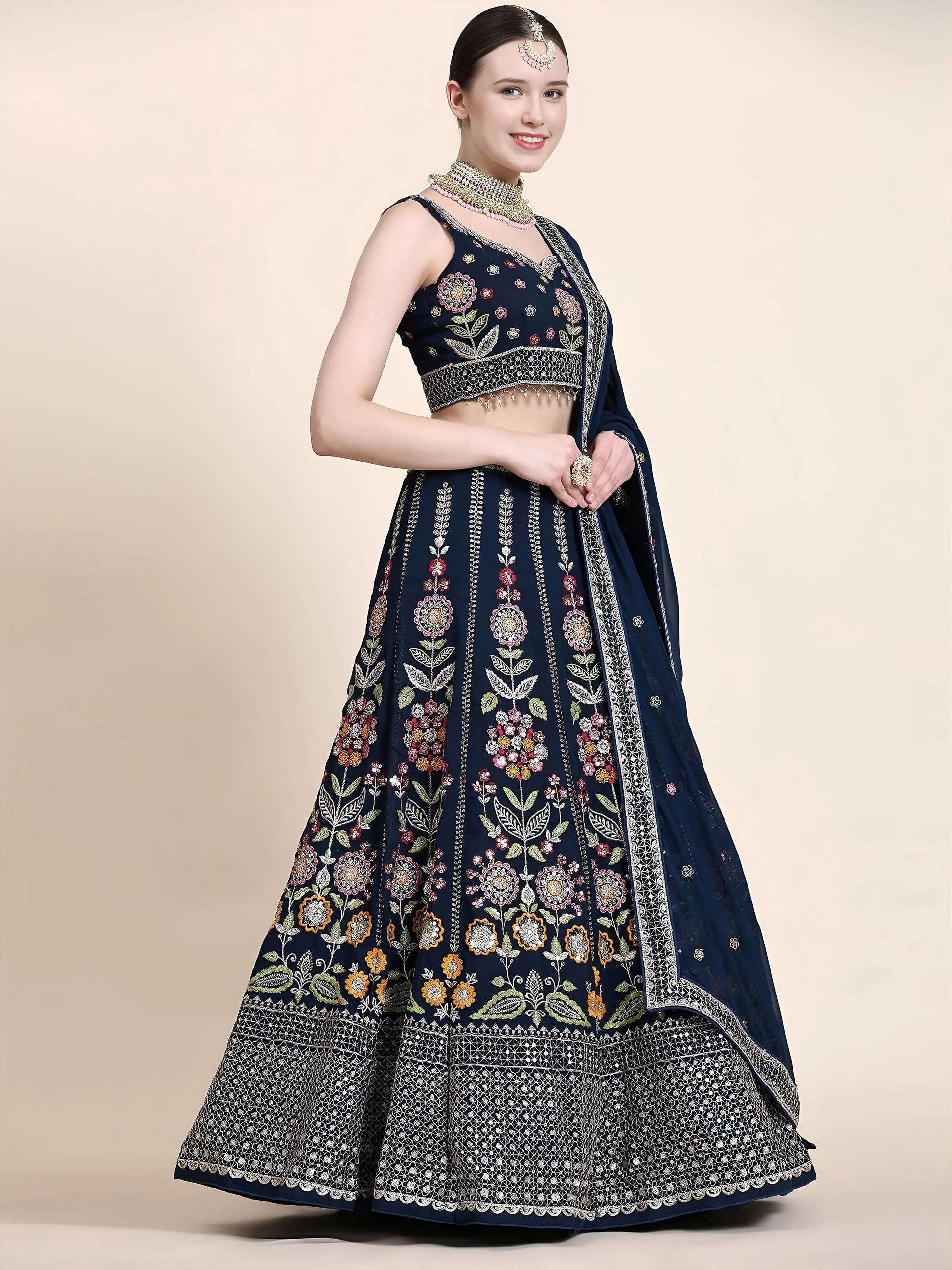 Gleaming Navy Blue Floral Embroidery Georgette Reception Wear Lehenga Choli