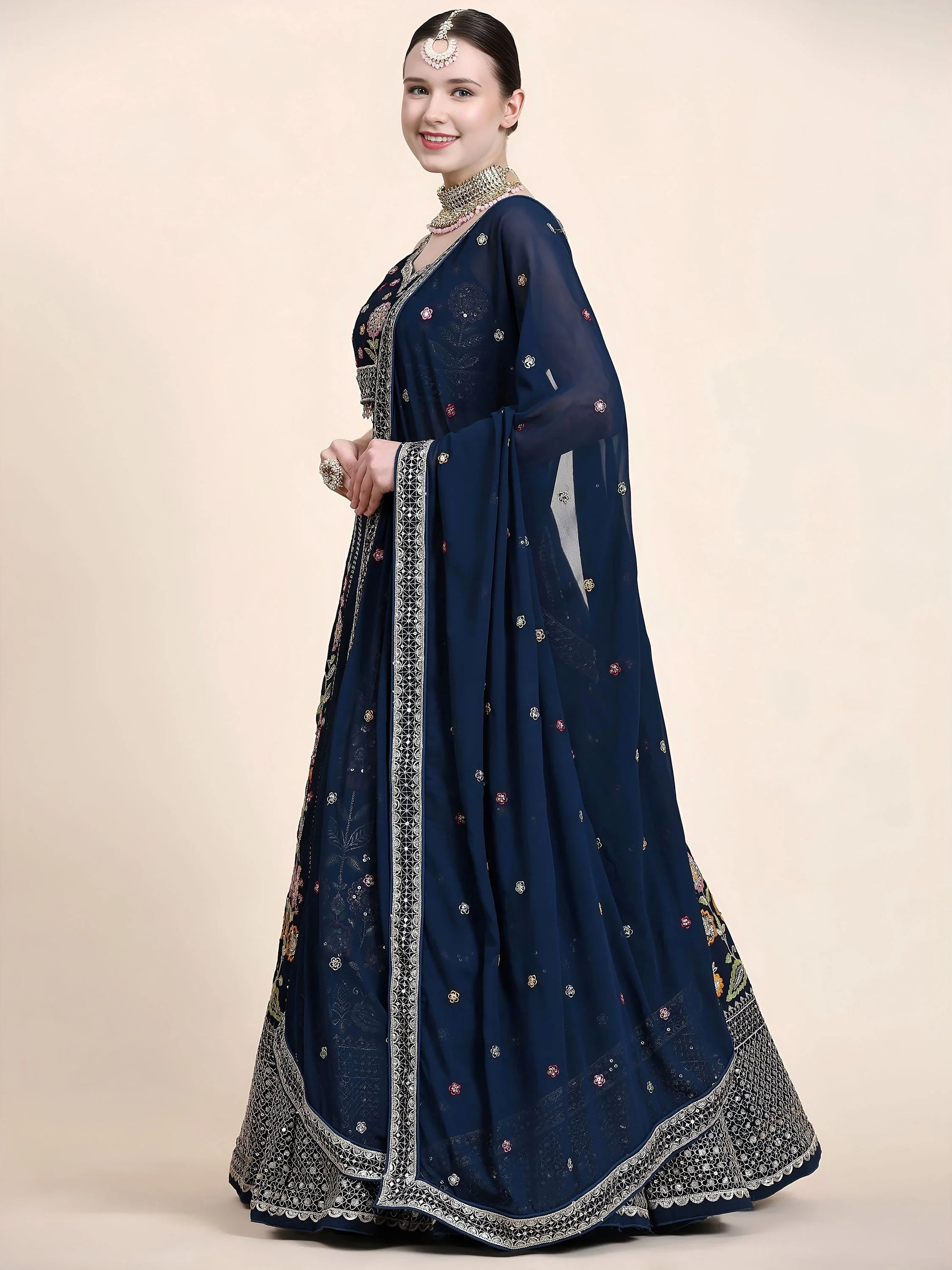 Gleaming Navy Blue Floral Embroidery Georgette Reception Wear Lehenga Choli