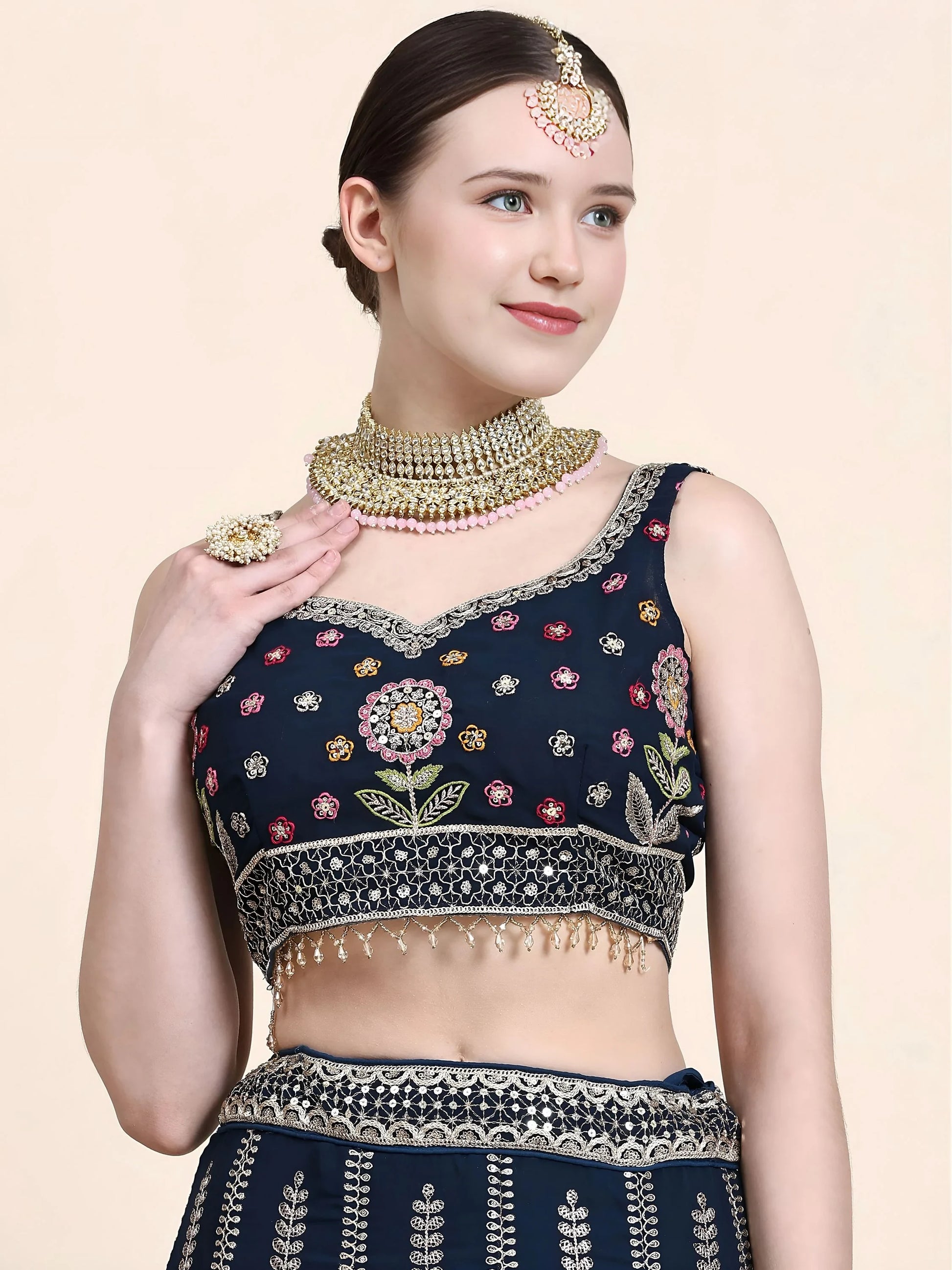 Gleaming Navy Blue Floral Embroidery Georgette Reception Wear Lehenga Choli