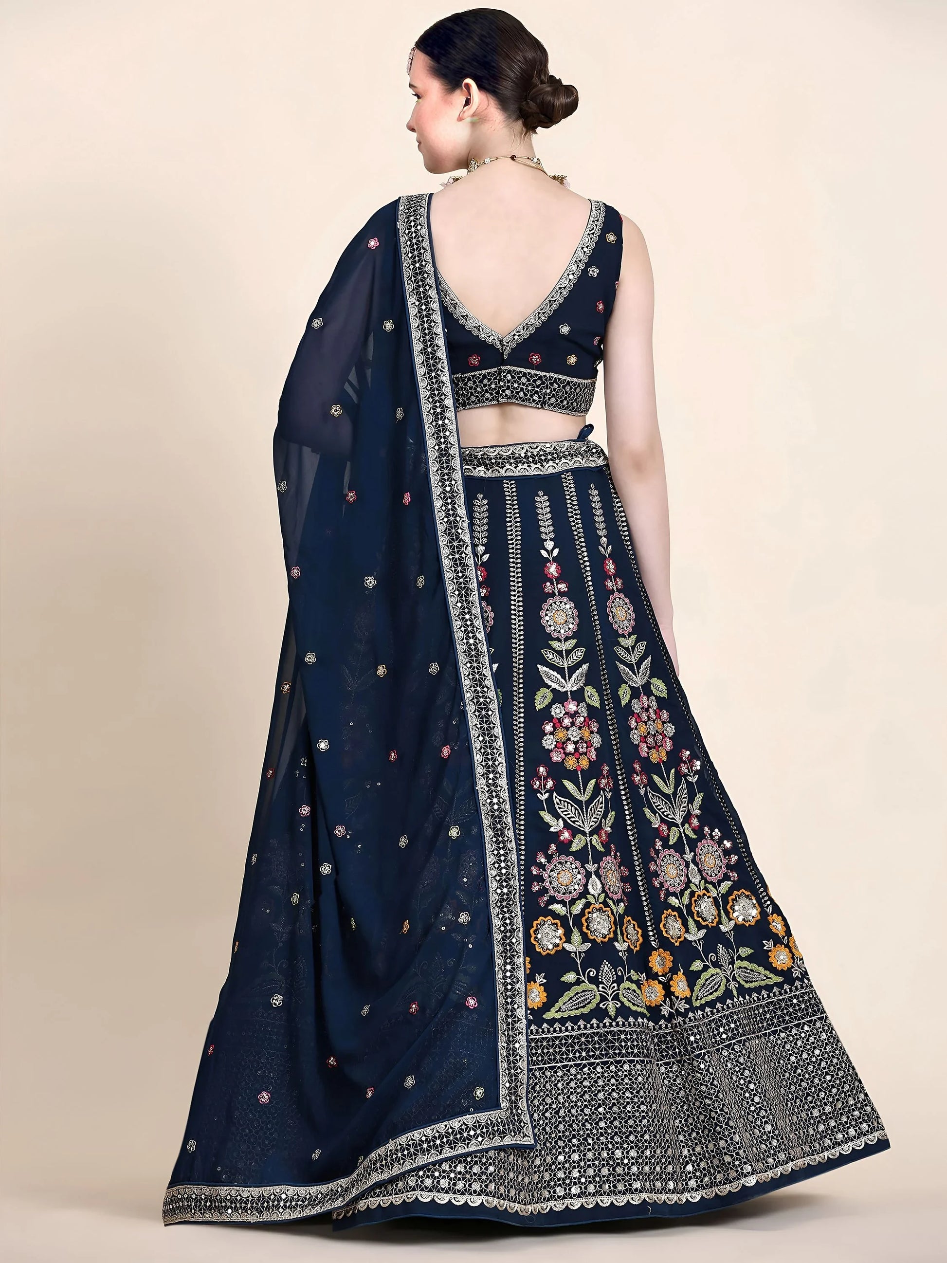 Gleaming Navy Blue Floral Embroidery Georgette Reception Wear Lehenga Choli