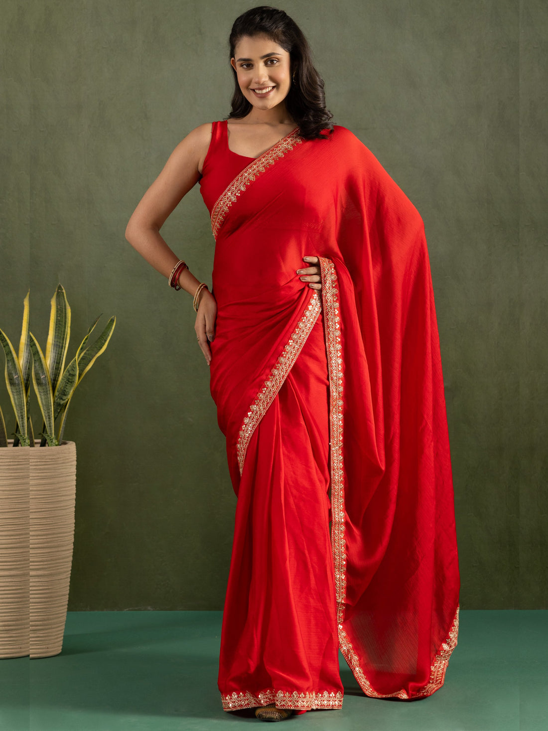 Gleaming Red Border Work Chiffon Wedding Ready To Wear Saree With Blouse - Zeel Clothing