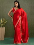 Gleaming Red Border Work Chiffon Wedding Ready To Wear Saree With Blouse - Zeel Clothing