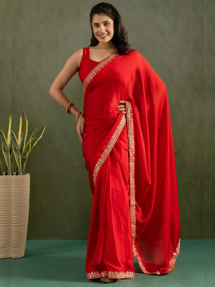 Gleaming Red Border Work Chiffon Wedding Ready To Wear Saree With Blouse - Zeel Clothing