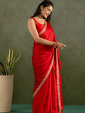 Gleaming Red Border Work Chiffon Wedding Ready To Wear Saree With Blouse - Zeel Clothing