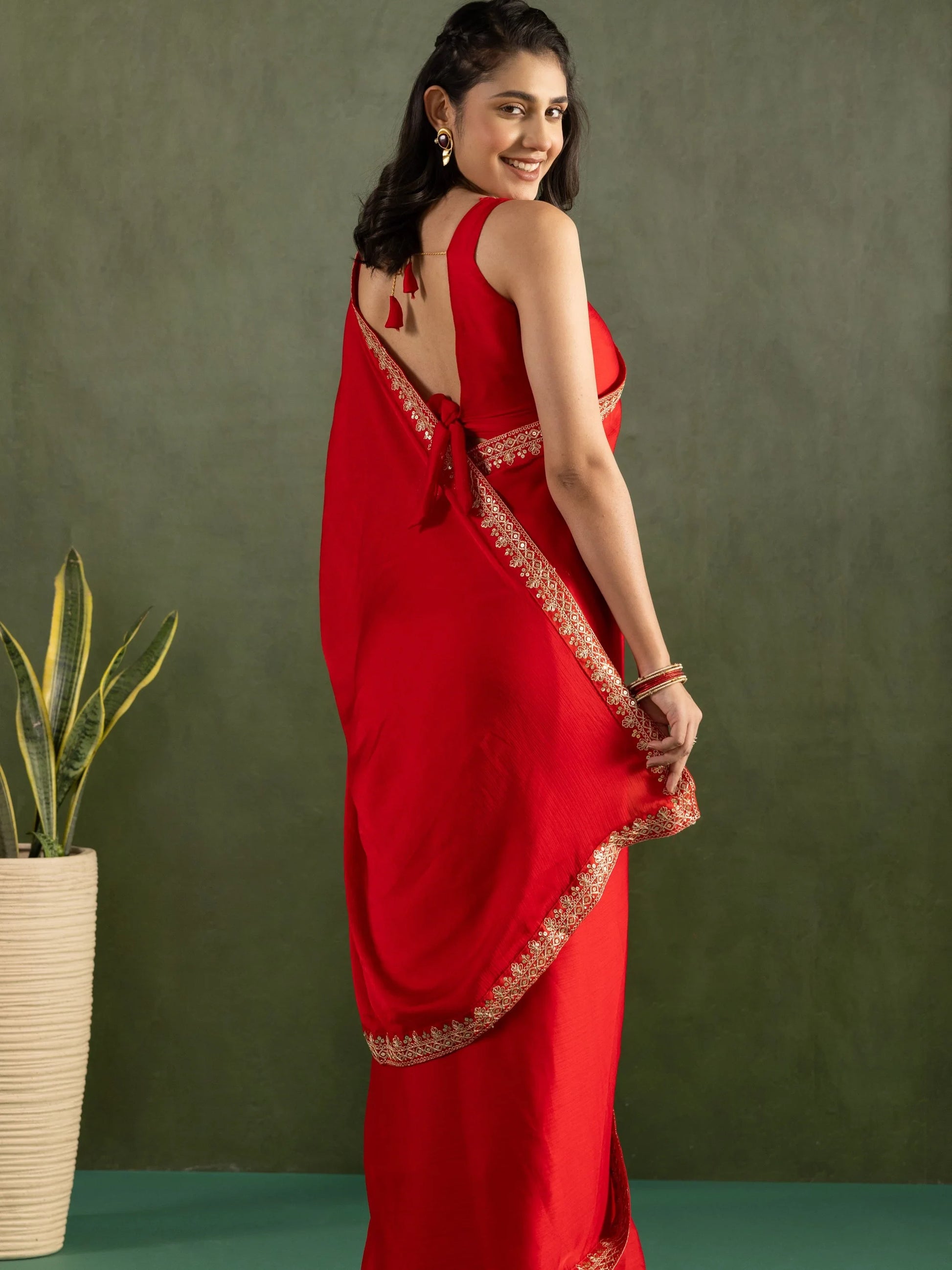 Gleaming Red Border Work Chiffon Wedding Ready To Wear Saree With Blouse - Zeel Clothing