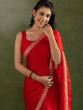 Gleaming Red Border Work Chiffon Wedding Ready To Wear Saree With Blouse - Zeel Clothing