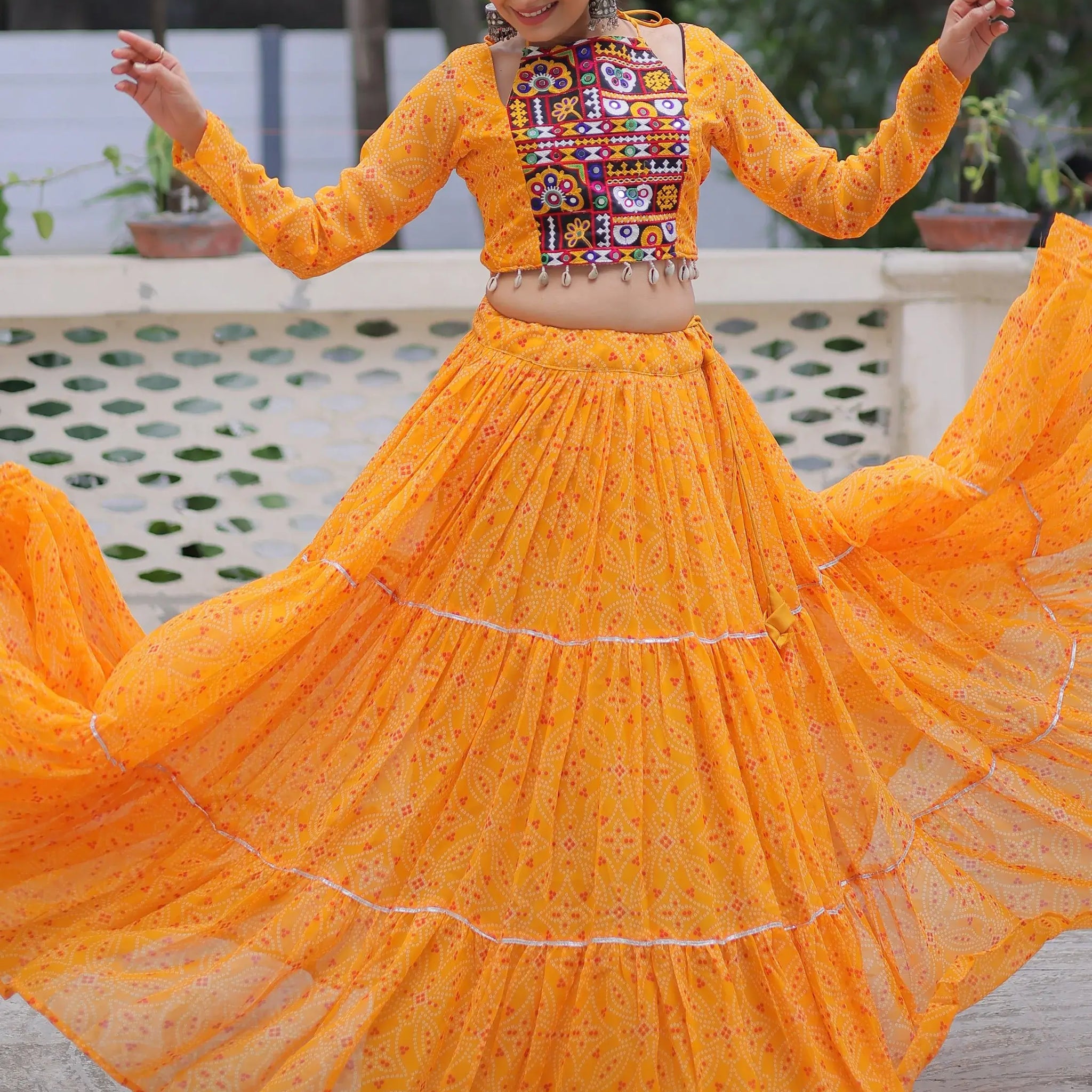 Gleaming Yellow Bandhej Print Georgette Navratri Wear Lehenga Choli - Zeel Clothing