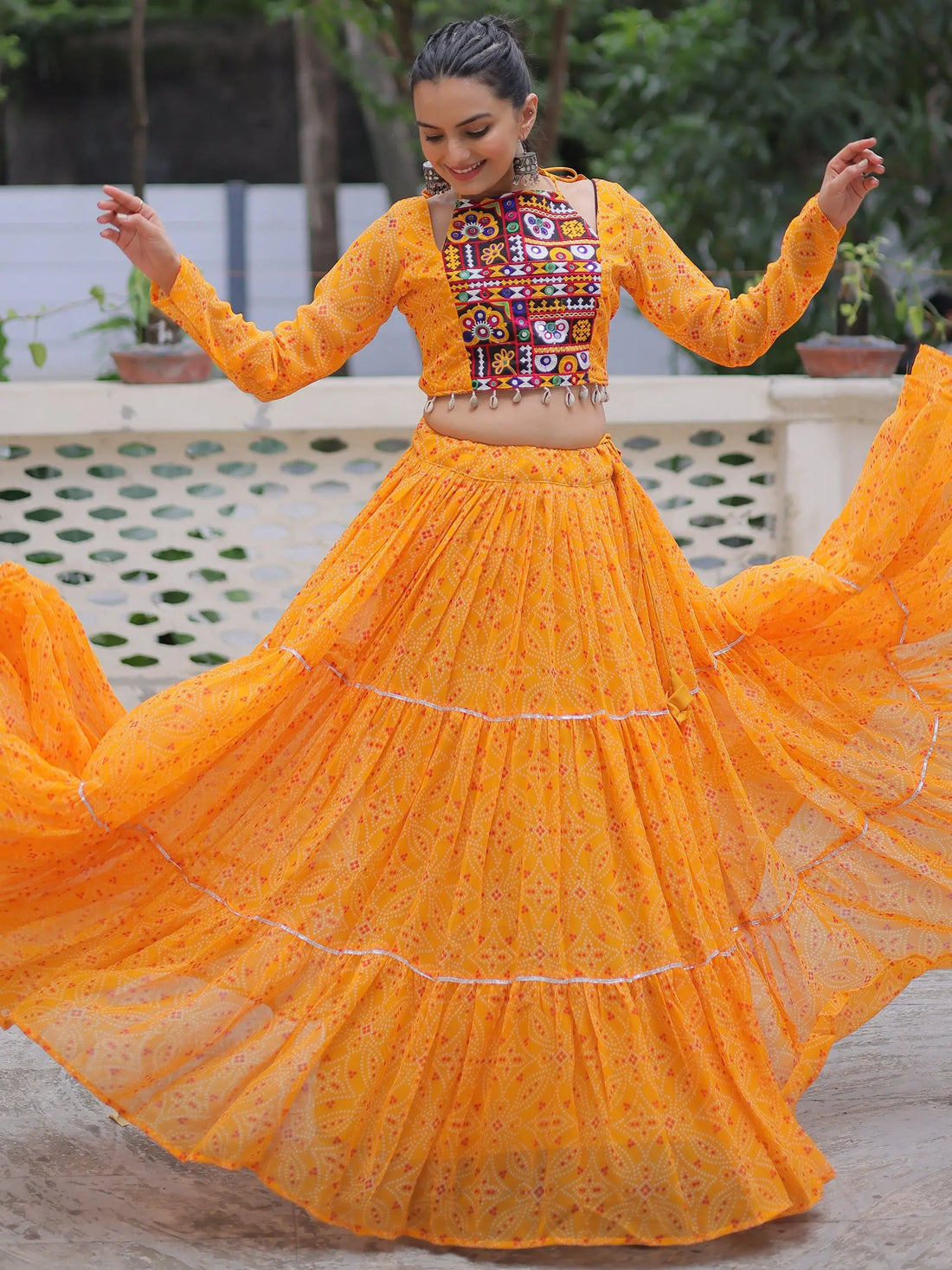Gleaming Yellow Bandhej Print Georgette Navratri Wear Lehenga Choli - Zeel Clothing
