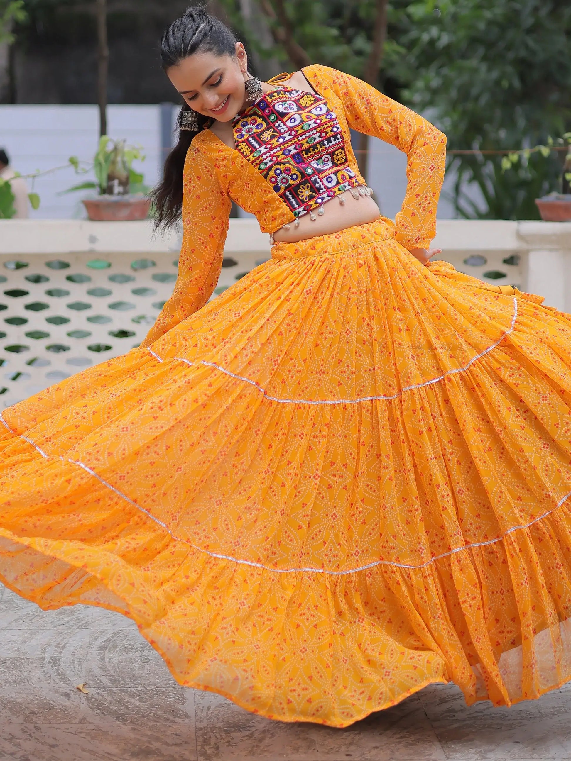 Gleaming Yellow Bandhej Print Georgette Navratri Wear Lehenga Choli - Zeel Clothing