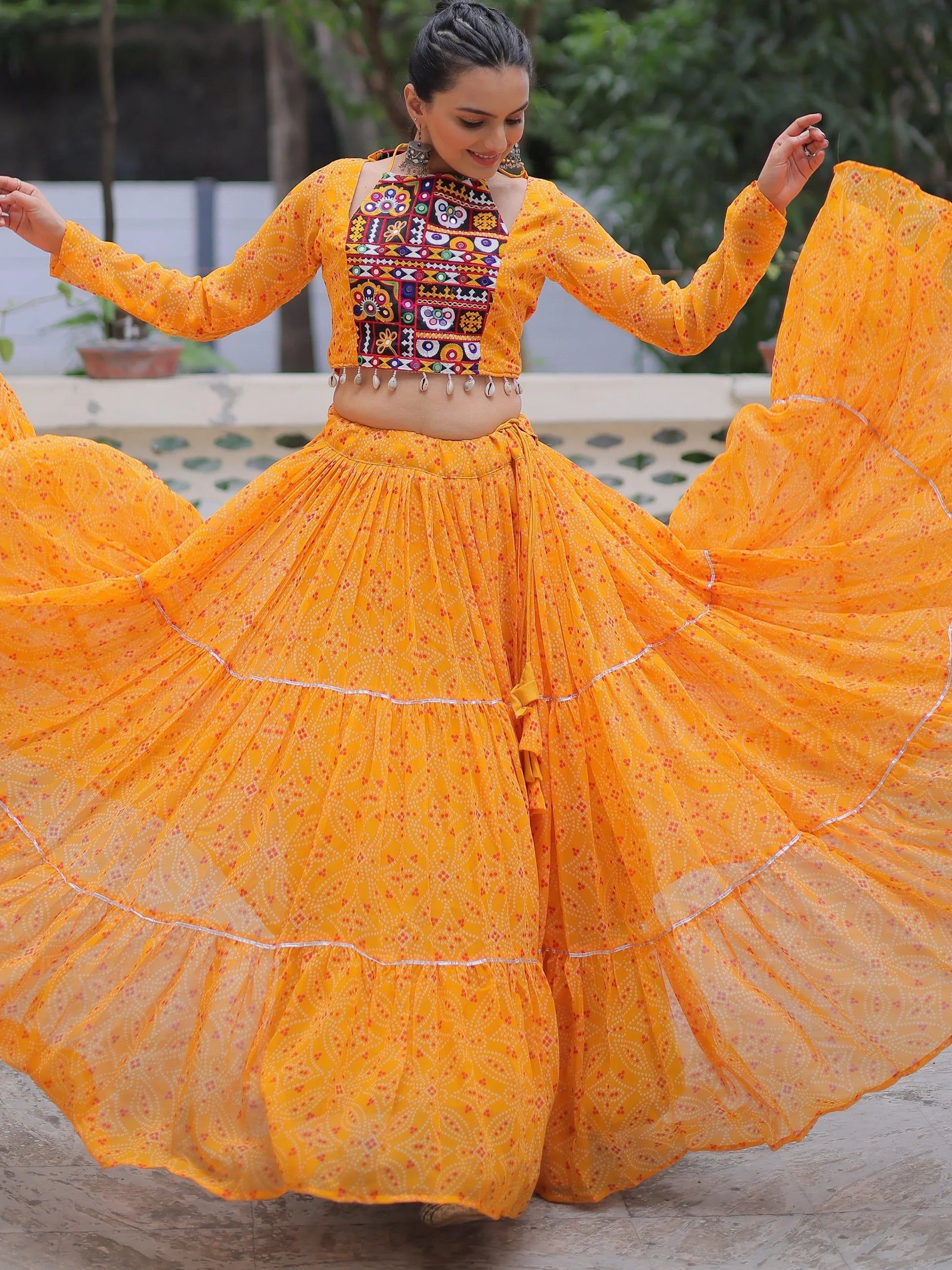 Gleaming Yellow Bandhej Print Georgette Navratri Wear Lehenga Choli - Zeel Clothing