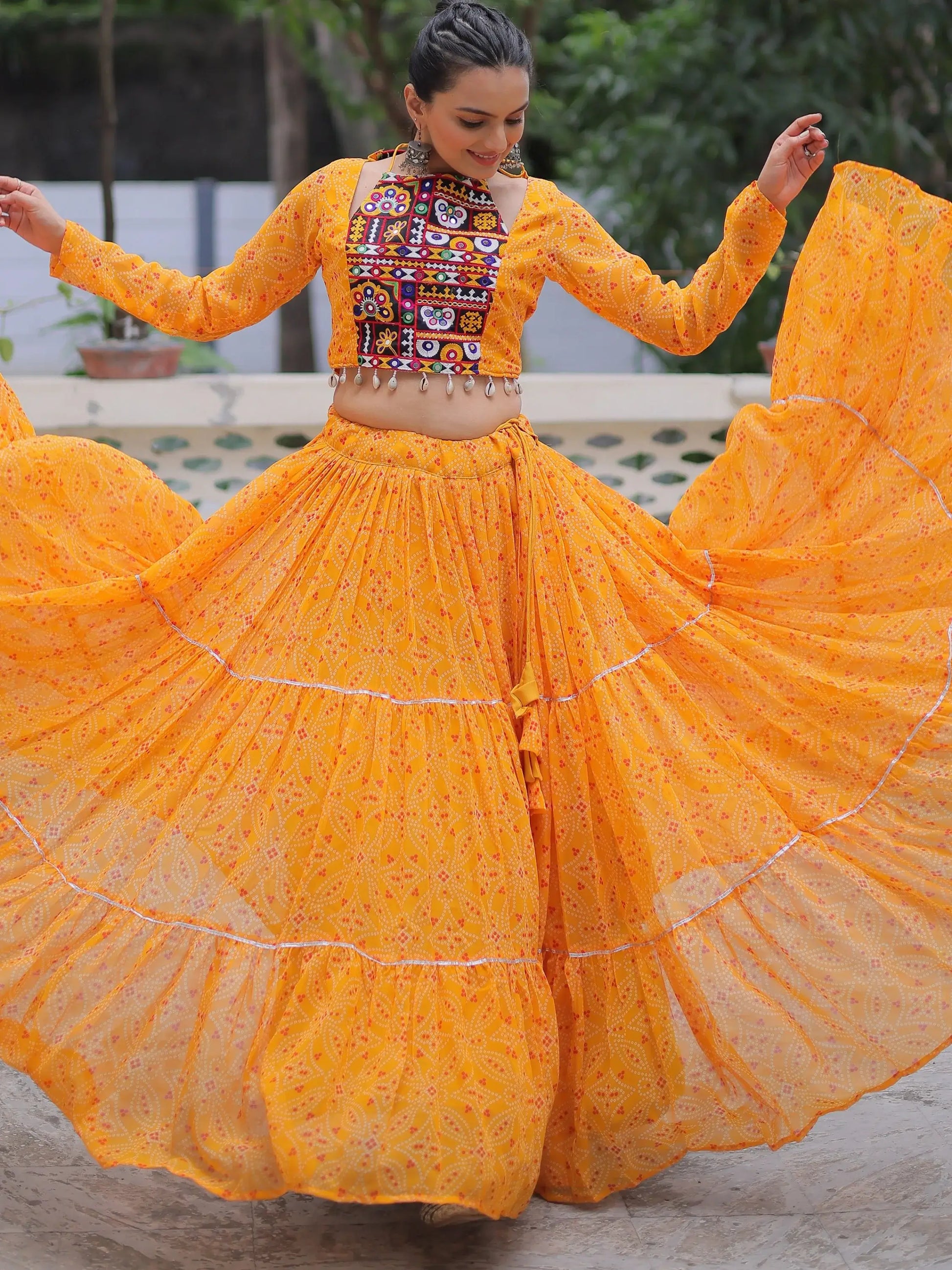 Gleaming Yellow Bandhej Print Georgette Navratri Wear Lehenga Choli - Zeel Clothing