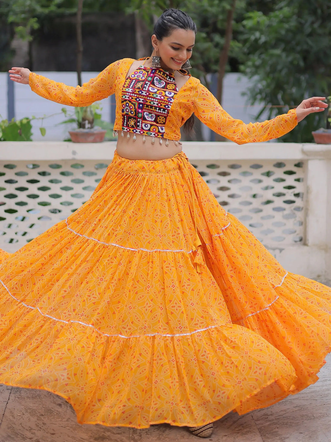Gleaming Yellow Bandhej Print Georgette Navratri Wear Lehenga Choli - Zeel Clothing