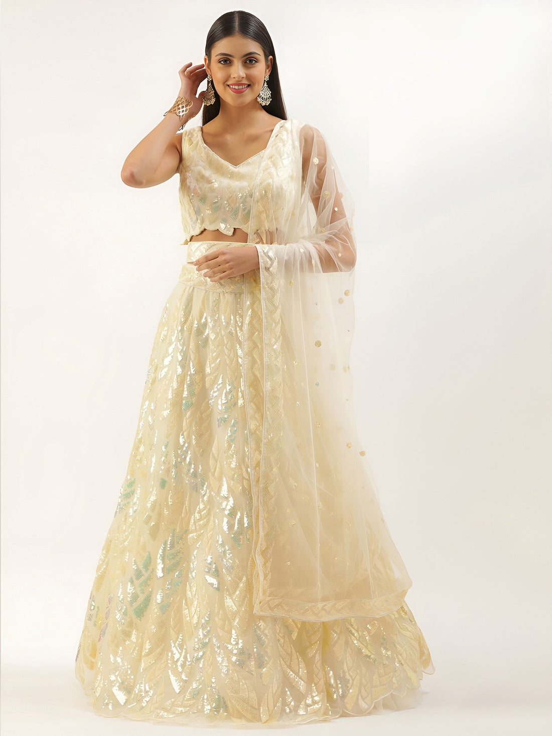 Glorious Beige Sequins Net Festive Wear Lehenga Choli With Dupatta