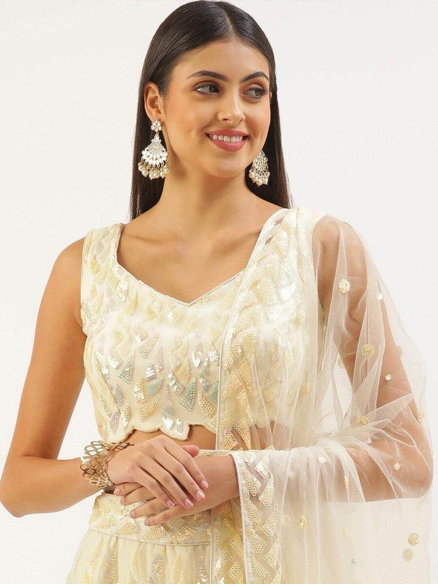Glorious Beige Sequins Net Festive Wear Lehenga Choli With Dupatta - Zeel Clothing
