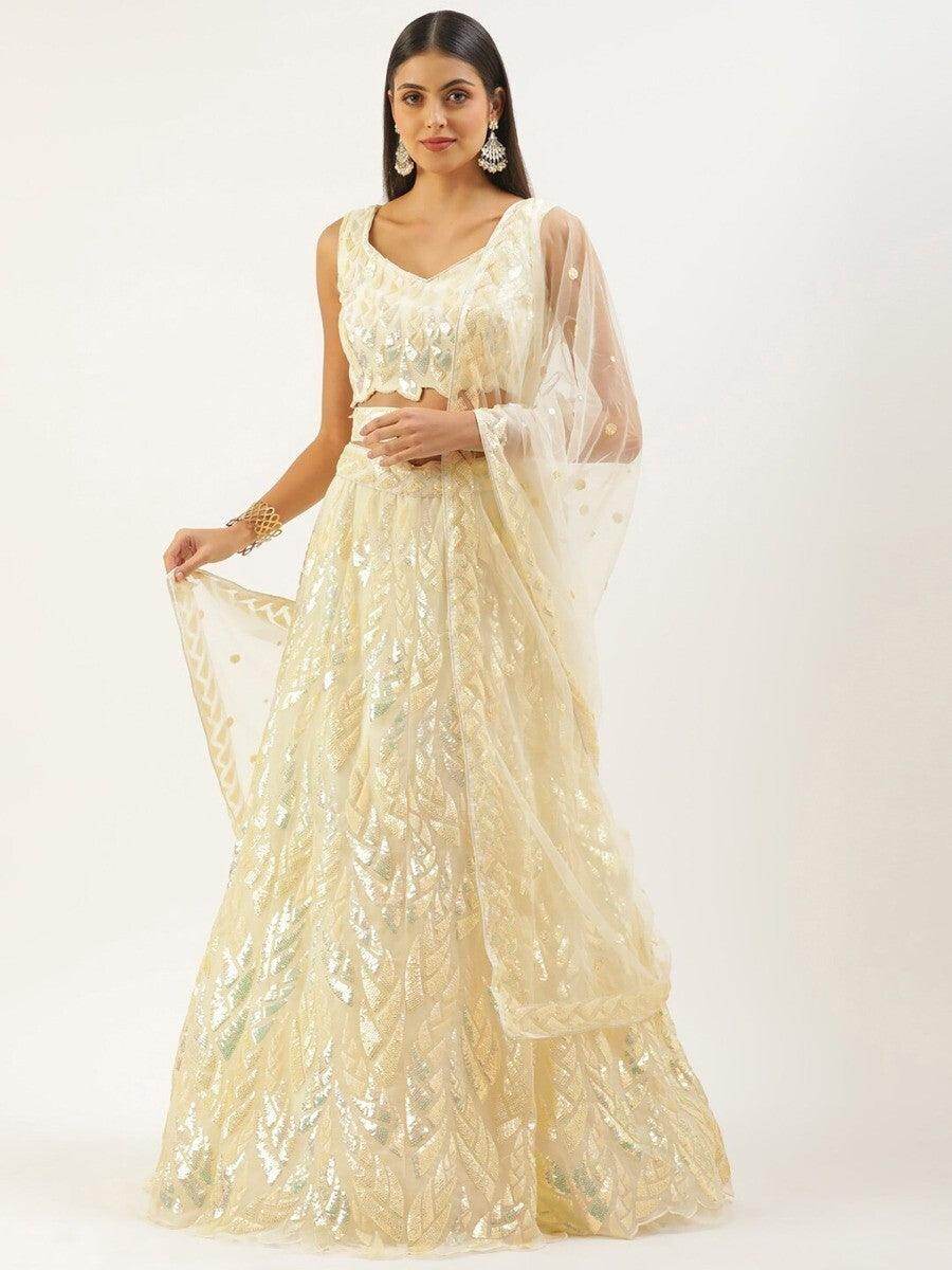 Glorious Beige Sequins Net Festive Wear Lehenga Choli With Dupatta - Zeel Clothing