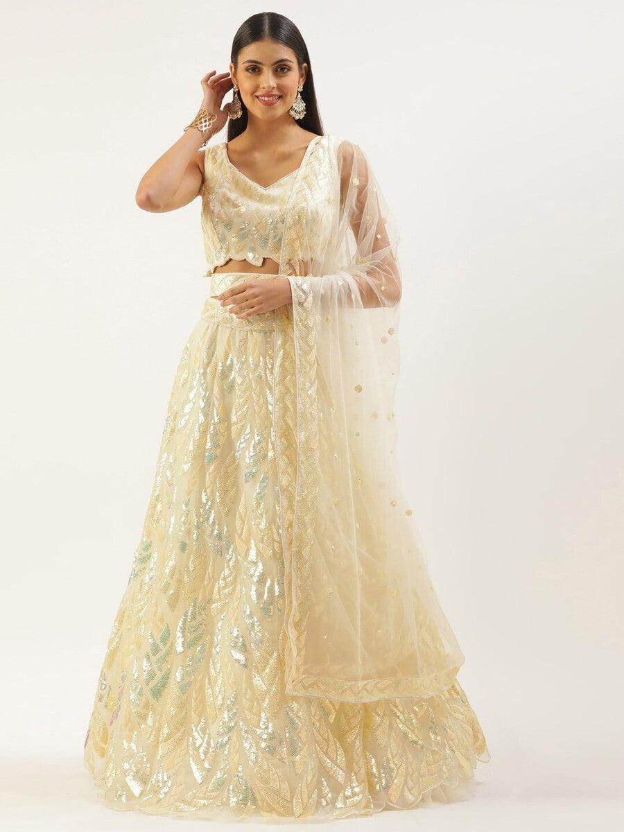 Glorious Beige Sequins Net Festive Wear Lehenga Choli With Dupatta - Zeel Clothing