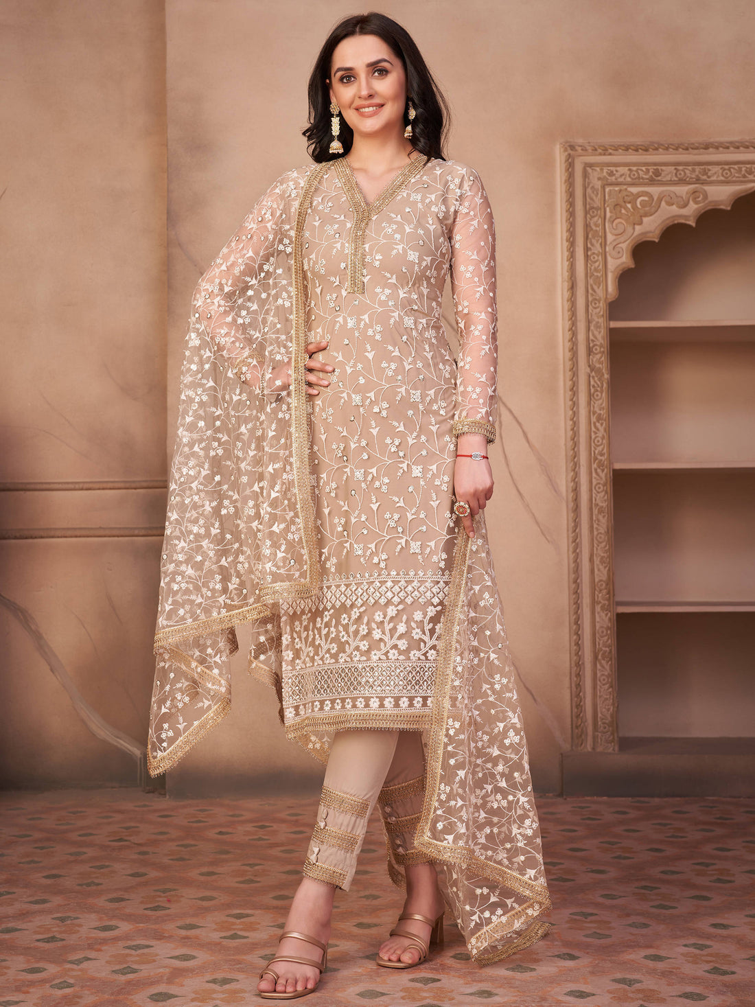 Glorious Beige Thread Embroidered Net Event Wear Pant Suit - Zeel Clothing