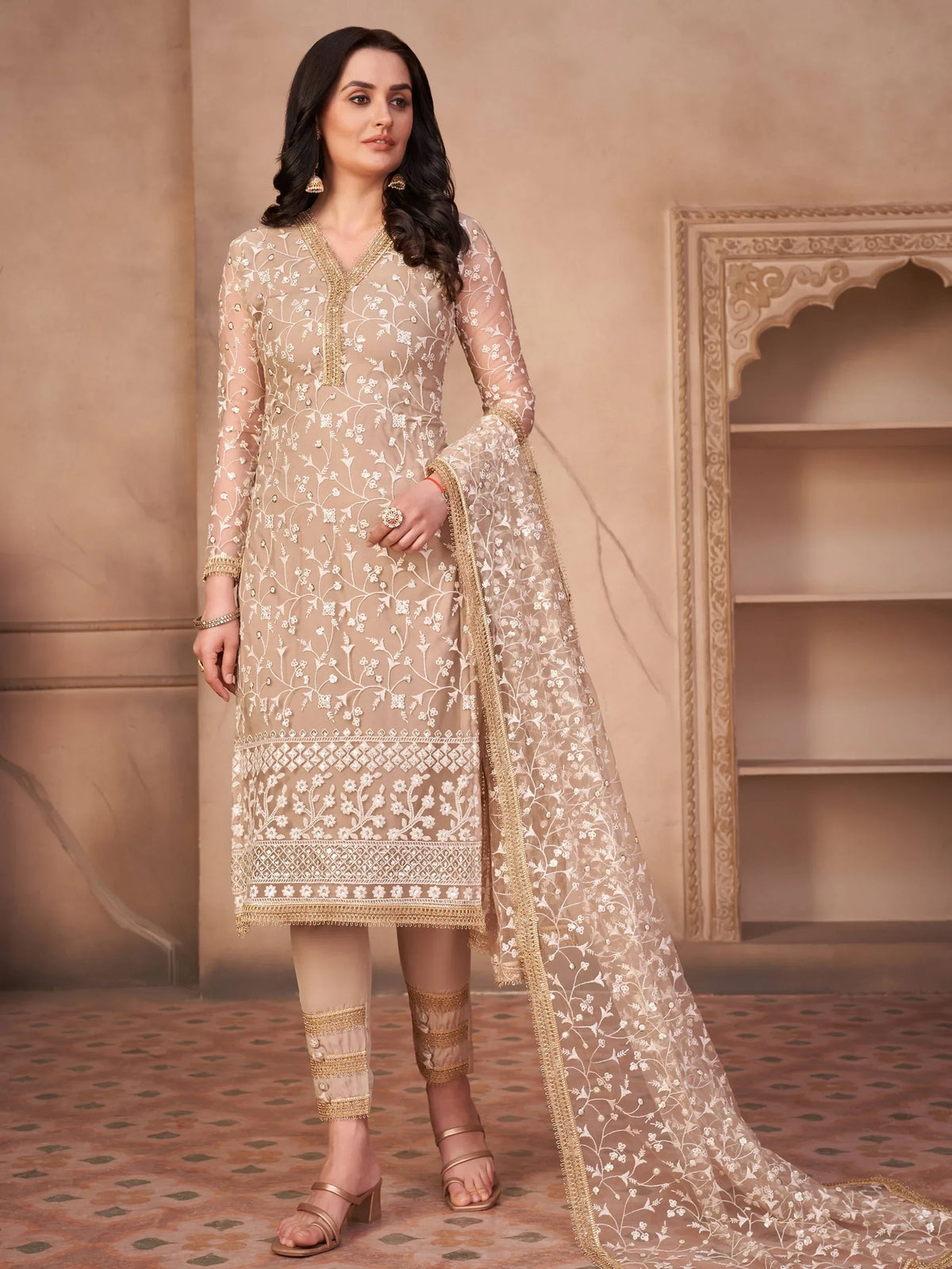 Glorious Beige Thread Embroidered Net Event Wear Pant Suit - Zeel Clothing