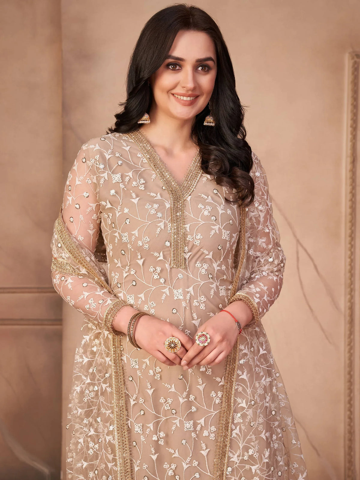 Glorious Beige Thread Embroidered Net Event Wear Pant Suit - Zeel Clothing